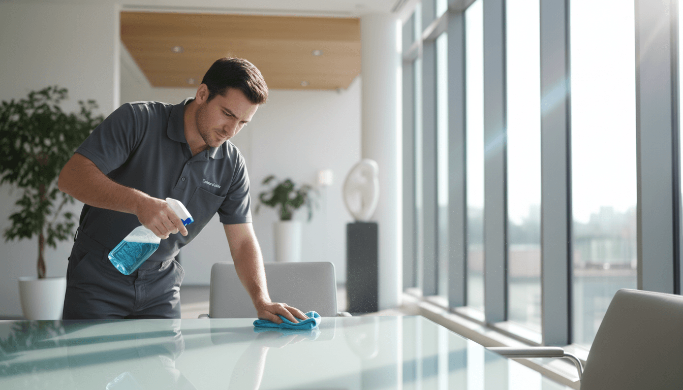 Professional cleaner disinfecting office workspace